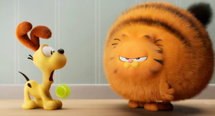 HD wallpaper featuring Garfield and Odie from The Garfield Movie, with Garfield looking unamused and Odie holding a tennis ball.