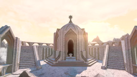 HD wallpaper featuring a radiant sunrise behind an ornate structure from the video game The Elder Scrolls V: Skyrim.