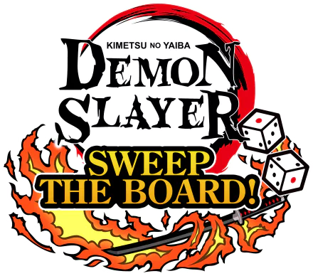 HD desktop wallpaper and background for the video game 'Demon Slayer -Kimetsu no Yaiba- Sweep the Board!', featuring stylized text and flaming dice imagery.