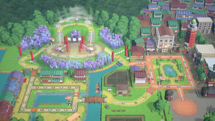 HD desktop wallpaper featuring a stylized, animated board game setting from Demon Slayer -Kimetsu no Yaiba- Sweep the Board! video game, with vibrant greenery and traditional Japanese architecture.