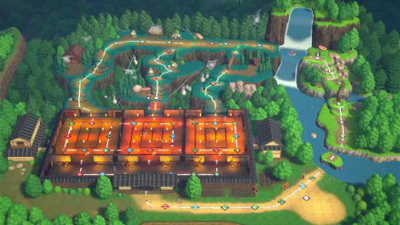 HD desktop wallpaper featuring a vibrant board game layout inspired by the Demon Slayer - Kimetsu no Yaiba - Sweep the Board! video game, showcasing a picturesque village with a river and traditional buildings surrounded by lush greenery.