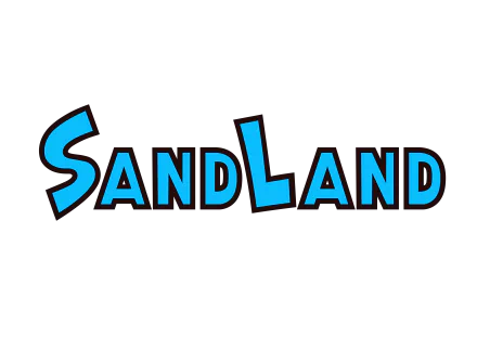 HD desktop wallpaper featuring the stylized logo for Sand Land with a blue gradient on a black background.