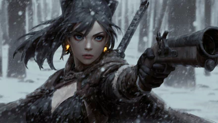 4K Ultra HD PC desktop wallpaper featuring a determined female warrior with glowing earrings aiming a firearm in a snowy forest setting.