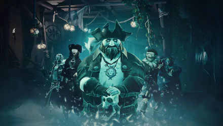 HD desktop wallpaper featuring characters from the video game Sea of Thieves, centered around a pirate captain holding a skull.