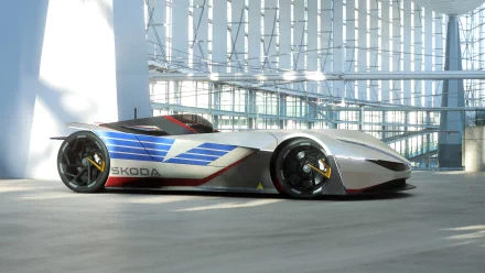 HD desktop wallpaper featuring the Skoda Vision GT concept car, displayed in a modern, glass-walled building.
