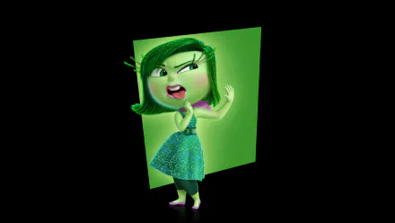 HD desktop wallpaper featuring Disgust from Inside Out 2, highlighted against a vibrant green background.