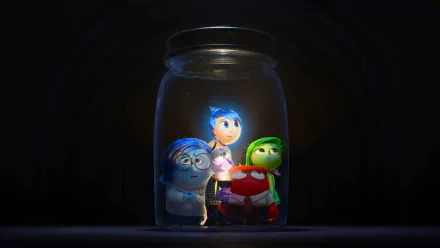HD desktop wallpaper from Inside Out 2 featuring characters Joy, Sadness, and Anger trapped inside a glass jar, highlighted against a dark background.