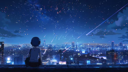 A solitary figure sits overlooking a futuristic metropolis under a starry nighttime sky, illuminated by city lights and streaks of shooting stars in this HD desktop wallpaper.