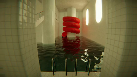 HD desktop wallpaper of a video game-themed indoor pool with a large red inflatable in the water, surrounded by white tiled walls and oval windows.