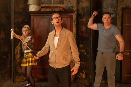 HD desktop wallpaper from the movie Abigail (2024) featuring three characters in a tense, action-packed scene in a dimly lit room.