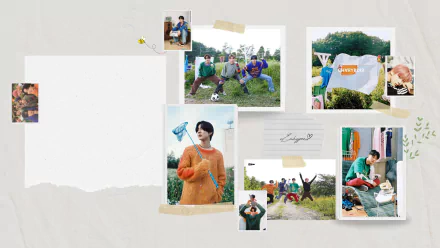 HD PC desktop wallpaper featuring a collage of ENHYPEN members in casual outdoor and indoor settings with handwritten text and tape accents.