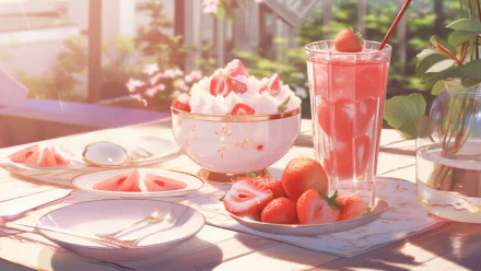 Aesthetic anime-style HD desktop wallpaper featuring cute strawberry-themed food, including a bowl of strawberry dessert and a tall glass of strawberry drink on a sunlit table.
