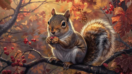 A charming squirrel sits on a branch, nibbling on a nut among vibrant autumn leaves and berries, creating a beautiful HD desktop wallpaper and background.
