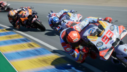 HD desktop wallpaper from MotoGP 24 featuring high-speed motorcycle racing on a sharp corner, capturing intense competition and vibrant colors.