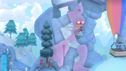 HD desktop wallpaper featuring a scene from the video game Surmount with characters navigating a whimsical, icy obstacle course.