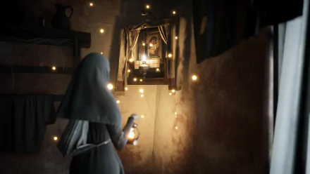 HD desktop wallpaper from the video game Indika featuring a hooded figure holding a lantern in a dimly lit room adorned with twinkling lights.