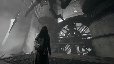 HD desktop wallpaper from the video game Indika depicting a character in a cloak observing an ominous industrial setting with large gears and fog.