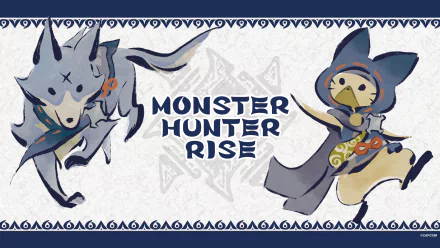 HD desktop wallpaper featuring whimsical characters from Monster Hunter Rise, styled in a vibrant, tribal motif.