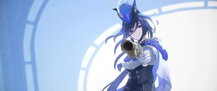 HD desktop wallpaper featuring Clorinde from Genshin Impact, in a dynamic pose with a telescope, against a soft blue background.