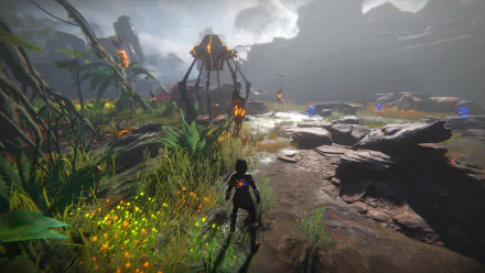 HD wallpaper from the video game Seed of Life, portraying a character exploring a vibrant, futuristic landscape with towering plants and atmospheric lighting.