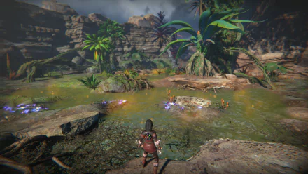 HD desktop wallpaper from the video game Seed of Life, featuring a lush landscape with a character exploring a vibrant pond area surrounded by exotic plants.