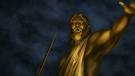 HD desktop wallpaper of a majestic character from Blood of Zeus anime, depicted with a spear against a stormy blue background.