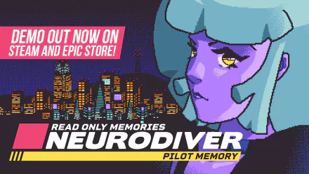 HD desktop wallpaper for Read Only Memories: NEURODIVER, featuring a stylized purple-haired character with cityscape background and game details.