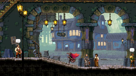 HD wallpaper of Gestalt: Steam & Cinder, featuring a video game scene with characters walking through a steampunk city with arches and lanterns.