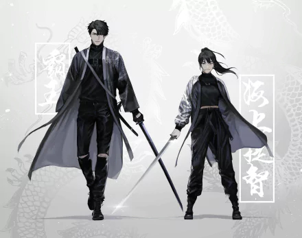 HD desktop wallpaper featuring anime characters from Omniscient Reader's Viewpoint, including Kim Dokja, both dressed in dark clothing and holding swords, set against an artistic background.