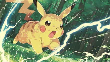 HD desktop wallpaper featuring Pikachu from Pokémon in an anime style. Pikachu is seen running through a forest with an electrifying expression. The forest background is lush and vibrant.