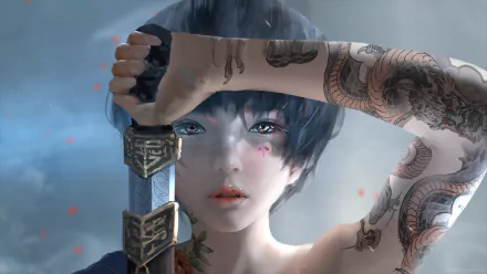 A high-definition desktop wallpaper featuring an ethereal character from the GhostBlade comic, showcasing a close-up of the character with intricate tattoos and holding a detailed sword.
