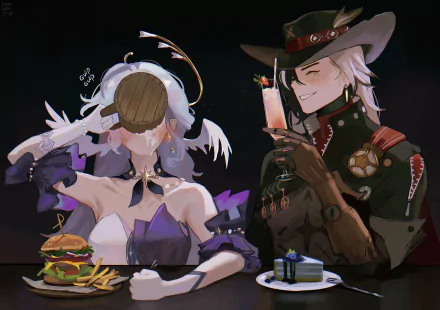 HD wallpaper featuring characters Robin and Boothill from the video game Honkai: Star Rail, enjoying a meal together.