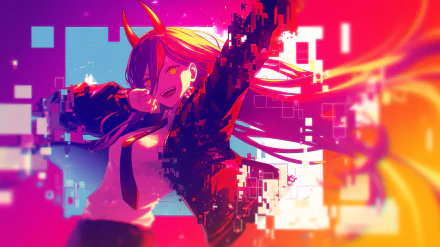 HD desktop wallpaper featuring Power from the anime Chainsaw Man, with vibrant colors and dynamic pose, set against a fragmented, abstract background.