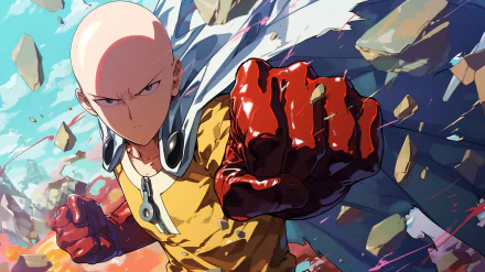HD wallpaper of Saitama from One-Punch Man, featuring him in a dynamic fighting pose with a determined expression, surrounded by debris.