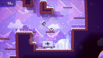 HD desktop wallpaper featuring a scene from the video game Bread & Fred, showing two characters navigating a snowy, mountainous area with platforms and an igloo in the background.