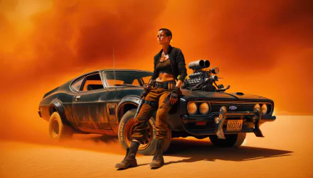 HD desktop wallpaper featuring a character from Furiosa: A Mad Max Saga standing confidently beside a heavily modified car against a dramatic, sandy desert backdrop.