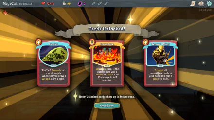HD desktop wallpaper featuring a scene from the video game Slay the Spire, showing three unlocked cards: Shuffle, Inferno, and Strong Palms, with detailed descriptions under each card.