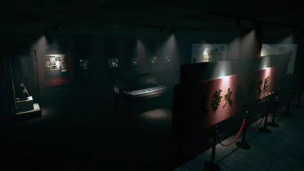 A dimly lit scene from the video game The Bridge Curse 2: The Extrication, showcasing a museum-like interior with display cases and red rope barriers, featured in a high-definition desktop wallpaper and background.