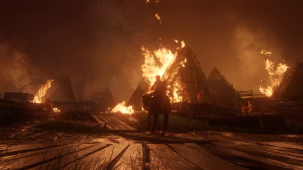 4K Ultra HD wallpaper of Lev from The Last of Us Part II standing on horseback as Seraphite village huts burn intensely at night.