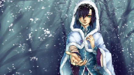 Lelouch Lamperouge from Code Geass stands in a snowy forest, wearing a white hooded cloak. The scene captures a blend of melancholy and elegance, making for a stunning HD wallpaper.