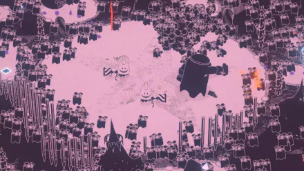 HD desktop wallpaper and background from the video game Hauntii, featuring intricate, dark-themed graphics and ghostly characters in a field surrounded by scattered objects and structures.