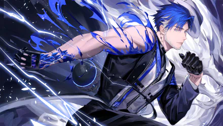 HD desktop wallpaper featuring Yuanwu from the video game Wuthering Waves. The character, in a dynamic pose, is surrounded by blue and white energy effects, highlighting his determined expression.