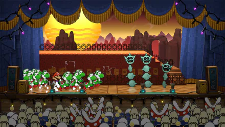 HD desktop wallpaper featuring a vibrant in-game scene from Paper Mario: The Thousand-Year Door (2024), showcasing Mario and Yoshi characters on a stage with an audience and a sunset background.