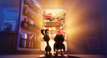 Garfield and Odie stand in front of an open, glowing refrigerator, bathed in its light. This HD wallpaper from The Garfield Movie shows the characters excitedly eyeing the fridge's contents.