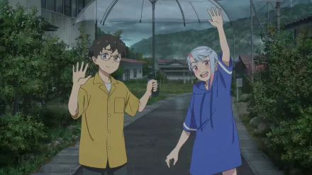 Two characters from the anime My Oni Girl wave while holding an umbrella. The HD desktop wallpaper showcases them in a countryside setting with greenery and mountains in the background.
