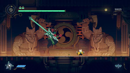 HD desktop wallpaper from the video game Nine Sols, featuring a dynamic battle scene in an intricately designed temple with large stone statues in the background.