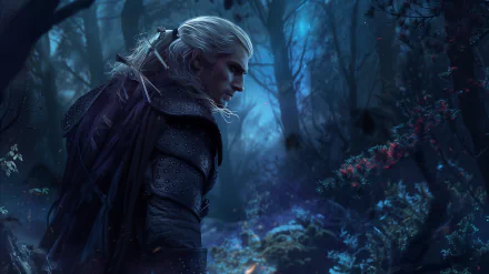 HD desktop wallpaper of Geralt of Rivia from The Witcher video game, portrayed by Henry Cavill, standing in a mystical, blue-lit forest with intricate armor.