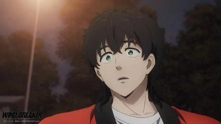 HD desktop wallpaper featuring an anime character from Wind Breaker, with green eyes and a surprised expression, against a dusk background and streetlight glow.