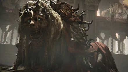 HD desktop wallpaper featuring a menacing creature with long fur and armor from the video game Elden Ring's Shadow of the Erdtree expansion. The background shows an ornate, ancient building.