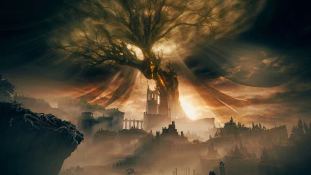 HD wallpaper featuring Elden Ring: Shadow of the Erdtree, showcasing a dark, mystical landscape with a towering, ethereal tree above a gothic cityscape.